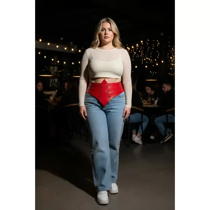 Büyük Beden Kırmızı Kadın Kemer Korse Formlu Zımba Detaylı - APFT905