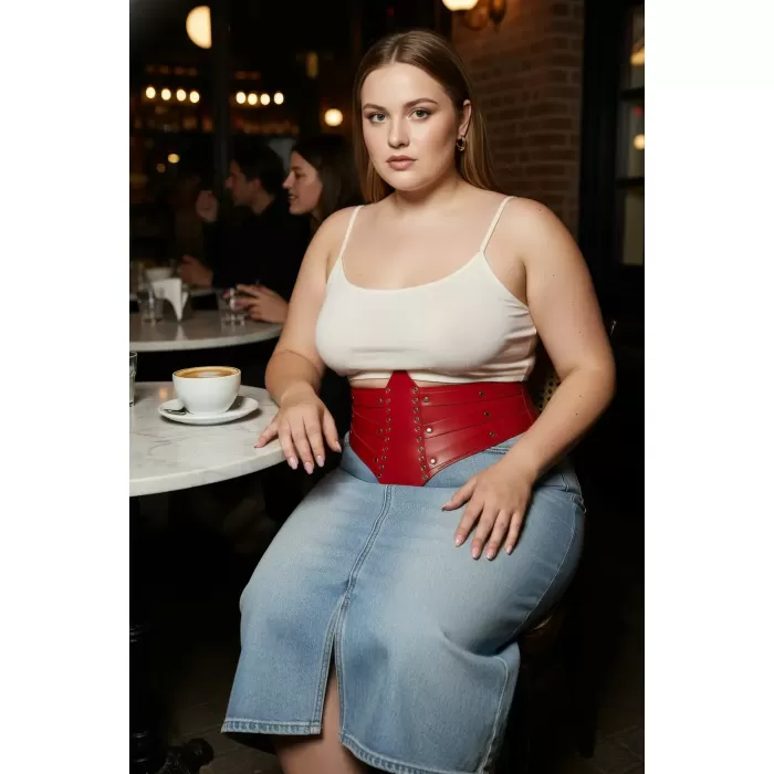 Büyük Beden Kırmızı Kadın Kemer Korse Formlu Zımba Detaylı - APFT905