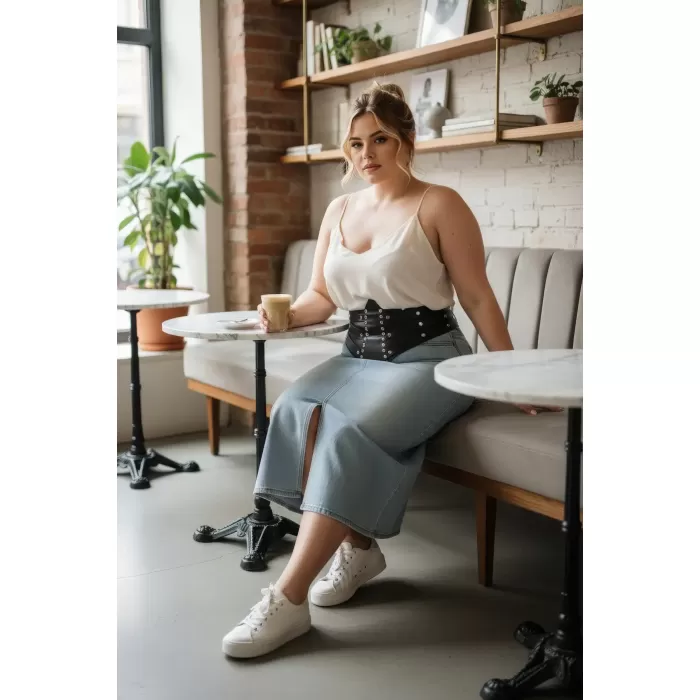 Büyük Beden Siyah Kadın Korse Kemer, Geniş ve Kuşgözü Detaylı - APFT905