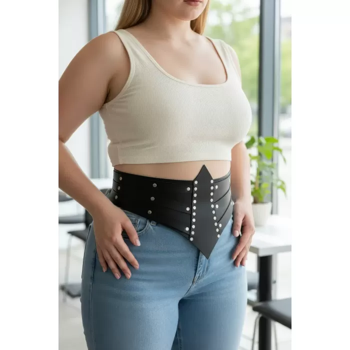 Büyük Beden Siyah Kadın Korse Kemer, Geniş ve Kuşgözü Detaylı - APFT905