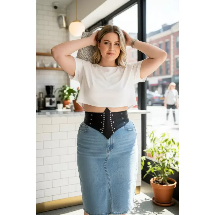 Büyük Beden Siyah Kadın Korse Kemer, Geniş ve Kuşgözü Detaylı - APFT905