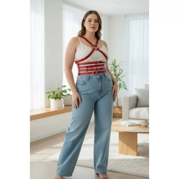 Büyük Beden Kırmızı Kadın Kemer Omuzdan Askılı Deri Korse Görünümlü - APFT911