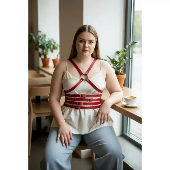 Büyük Beden Kırmızı Kadın Kemer Omuzdan Askılı Deri Korse Görünümlü - APFT911