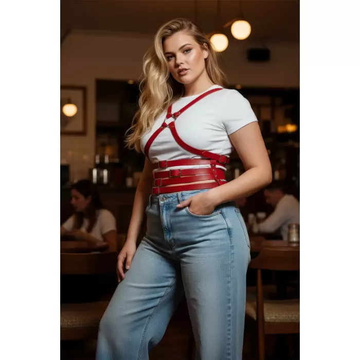 Büyük Beden Kırmızı Kadın Kemer Omuzdan Askılı Deri Korse Görünümlü - APFT911