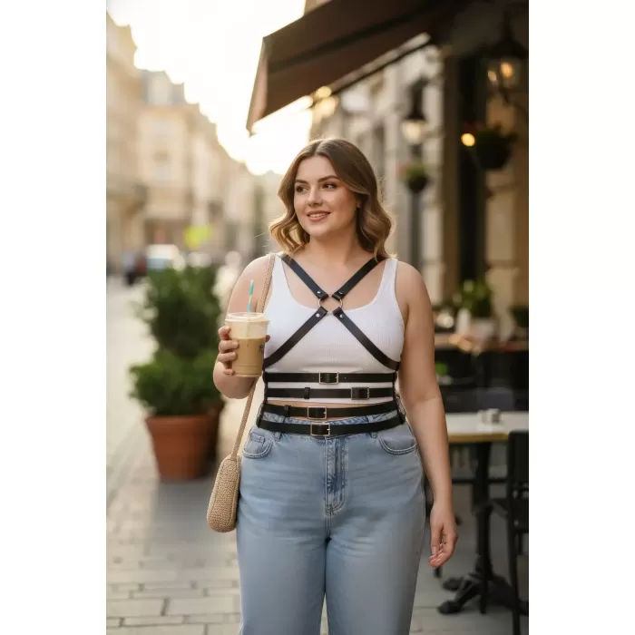 Büyük Beden Siyah Kadın Deri Kemer Çapraz Askılı Body Harness Vücut Aksesuarı - APFT911