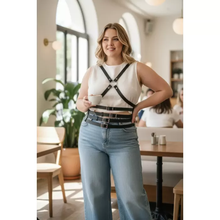 Büyük Beden Siyah Kadın Deri Kemer Çapraz Askılı Body Harness Vücut Aksesuarı - APFT911