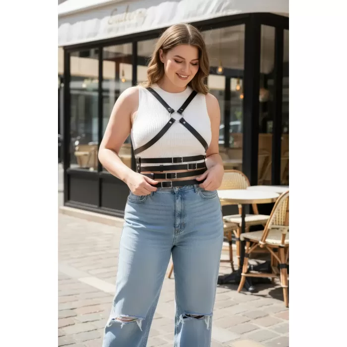 Büyük Beden Siyah Kadın Deri Kemer Çapraz Askılı Body Harness Vücut Aksesuarı - APFT911