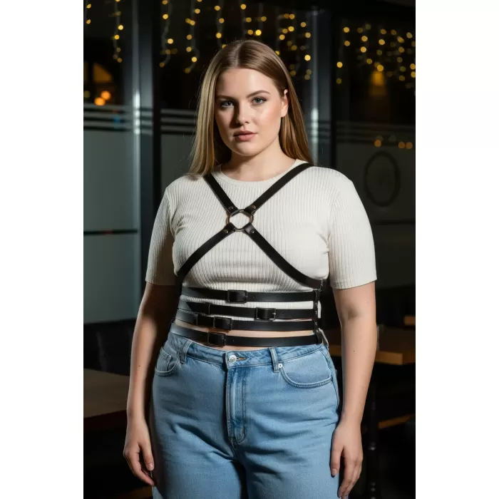 Büyük Beden Siyah Kadın Deri Kemer Çapraz Askılı Body Harness Vücut Aksesuarı - APFT911