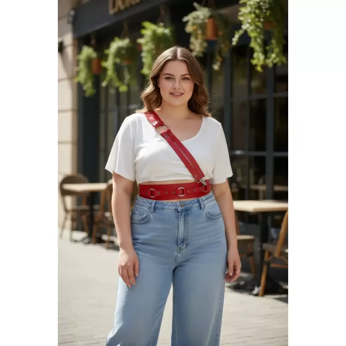 Büyük Beden Kırmızı Kadın Kemer Halka Detaylı Deri Vücut Aksesuarı - APFT915