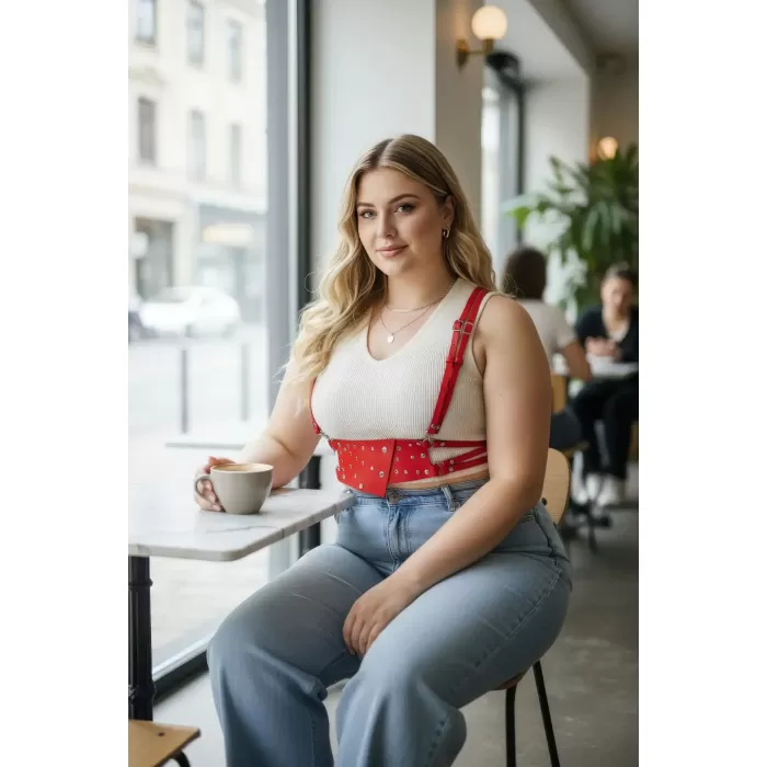 Büyük Beden Kırmızı Kadın Kemer Korse Tarzı Zımba Detaylı Kombin Aksesuarı - APFT918