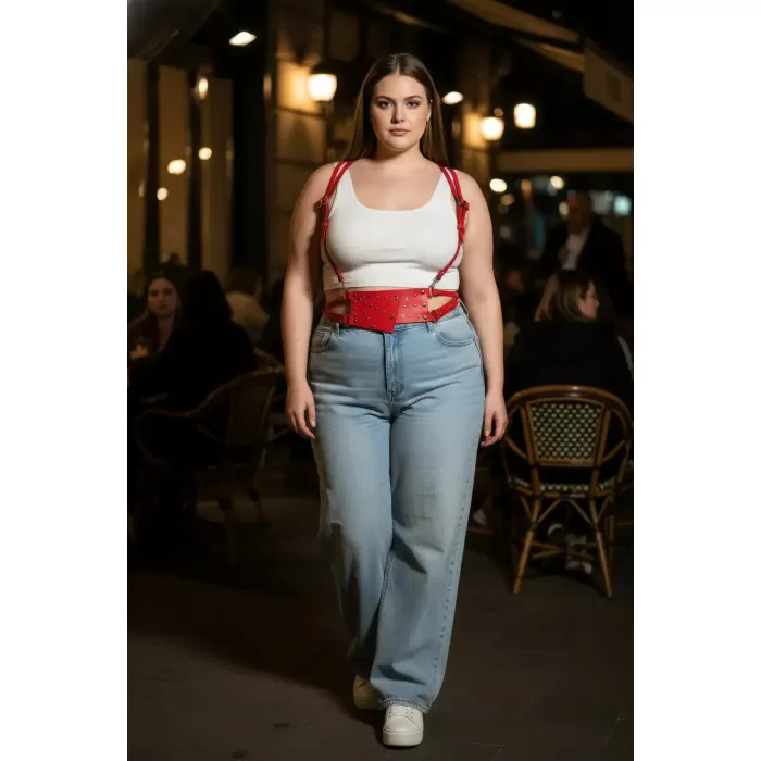 Büyük Beden Kırmızı Kadın Kemer Korse Tarzı Zımba Detaylı Kombin Aksesuarı - APFT918