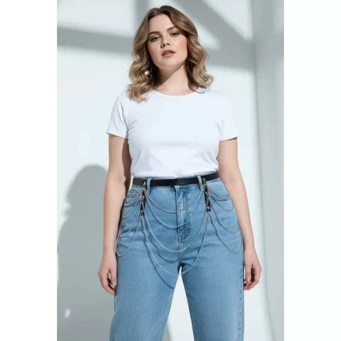 Büyük Beden Siyah Kadın Kemer Çoklu Zincir Detaylı Estetik Tasarım - APFT921