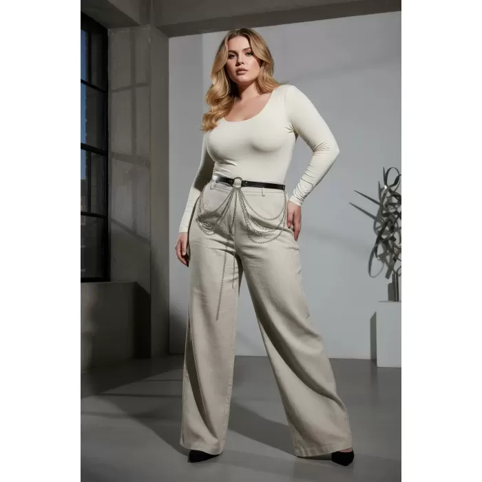 Büyük Beden Siyah Kadın Deri Kemer Çoklu Zincir Detaylı Tasarım - APFT922