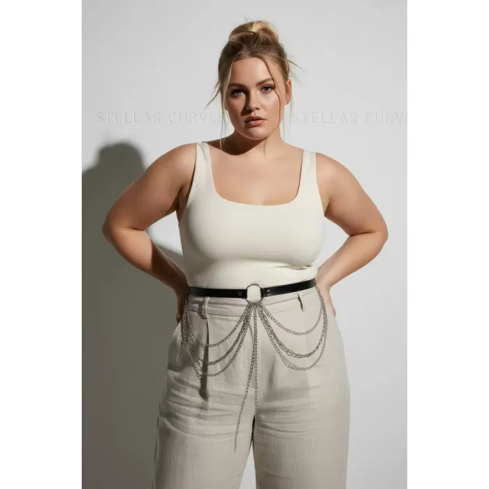 Büyük Beden Siyah Kadın Deri Kemer Çoklu Zincir Detaylı Tasarım - APFT922