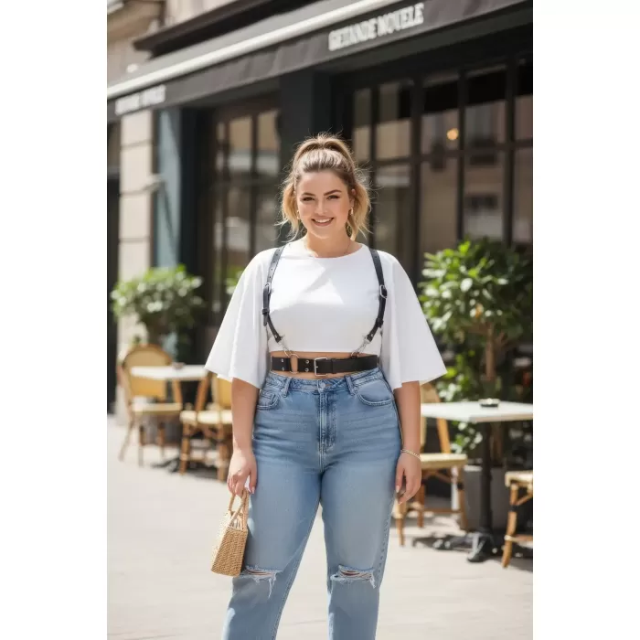 Büyük Beden Siyah Kadın Kemer Deri Harness Stil Halka Detaylı Vücut Aksesuarı - APFT934