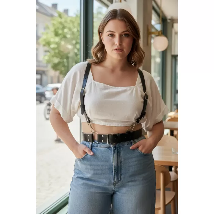 Büyük Beden Siyah Kadın Kemer Deri Harness Stil Halka Detaylı Vücut Aksesuarı - APFT934