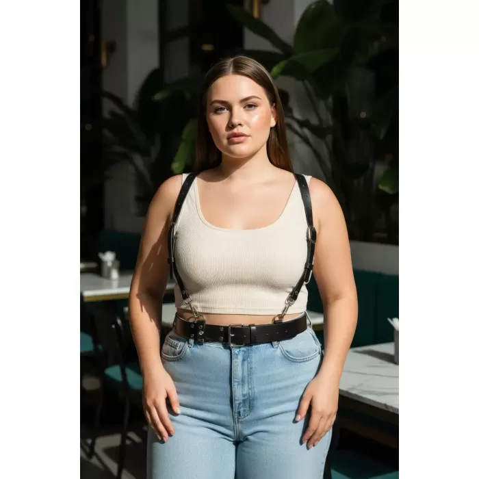 Büyük Beden Siyah Kadın Kemer Deri Harness Stil Halka Detaylı Vücut Aksesuarı - APFT934