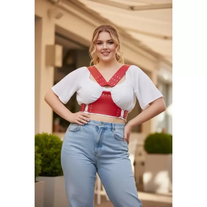 Büyük Beden Kırmızı Kadın Kemer Deri Korse Stil Zımbalı Askılı - APFT936