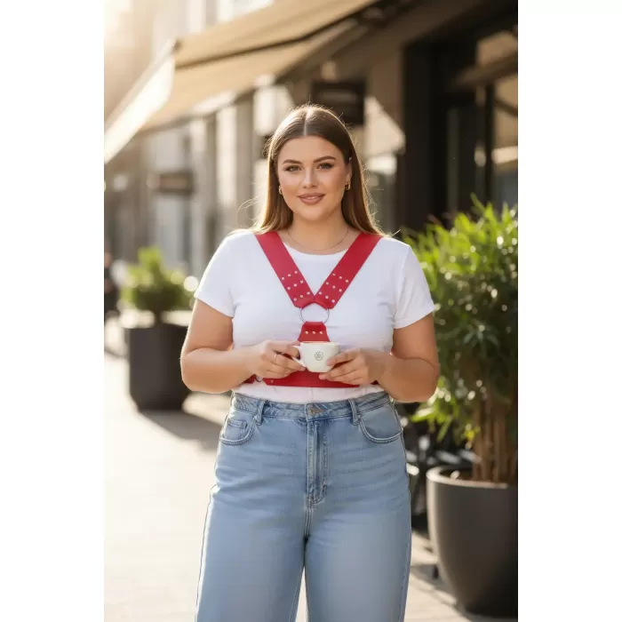 Büyük Beden Kırmızı Kadın Kemer Deri Korse Stil Zımbalı Askılı - APFT936