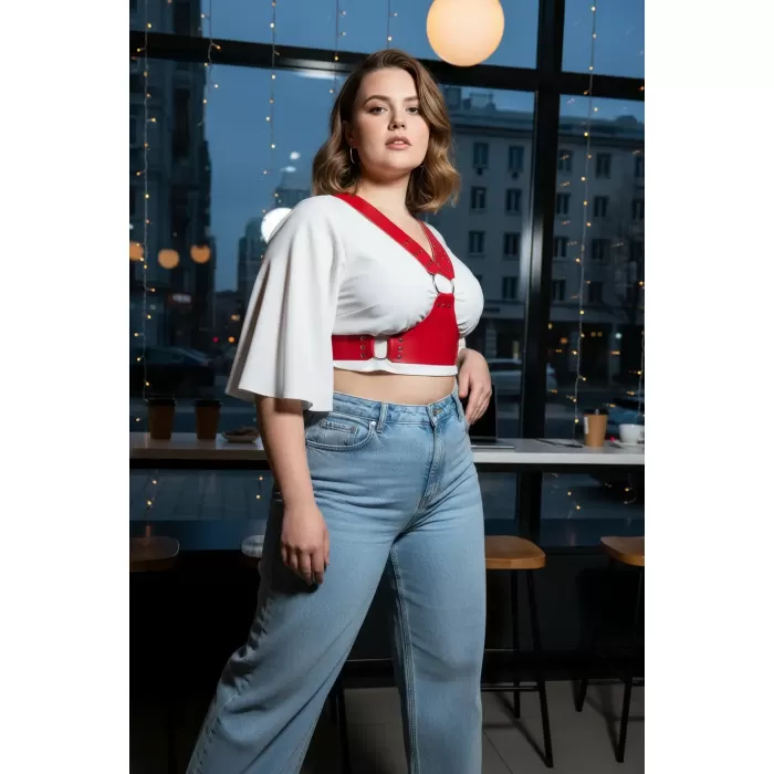 Büyük Beden Kırmızı Kadın Kemer Deri Korse Stil Zımbalı Askılı - APFT936