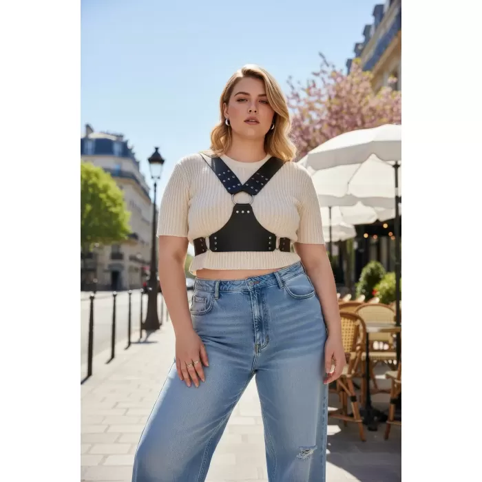 Büyük Beden Siyah Kadın Kemer Zımba Detaylı Vücut Kuşağı - APFT936