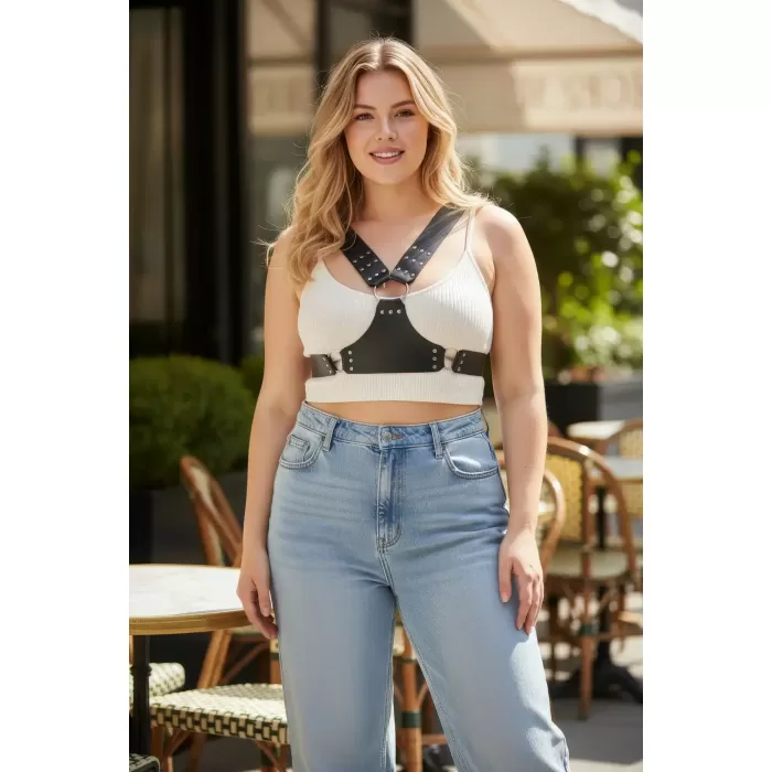 Büyük Beden Siyah Kadın Kemer Zımba Detaylı Vücut Kuşağı - APFT936