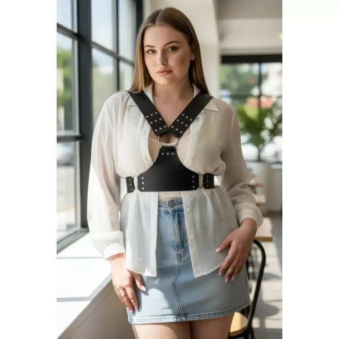 Büyük Beden Siyah Kadın Kemer Zımba Detaylı Vücut Kuşağı - APFT936