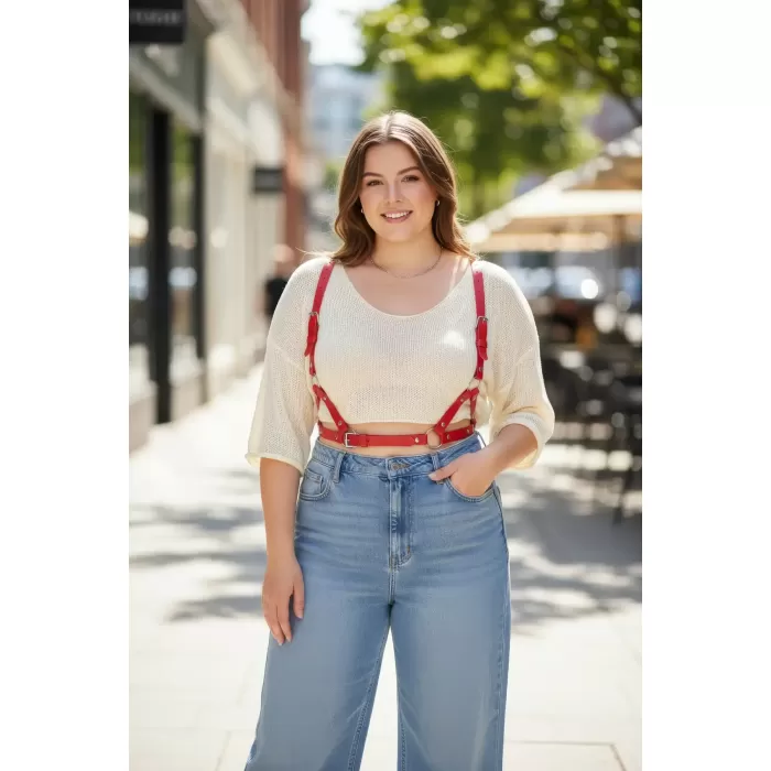 Büyük Beden Kırmızı Kadın Deri Vücut Kemeri Ayarlanabilir Strappy Tasarım - APFT938