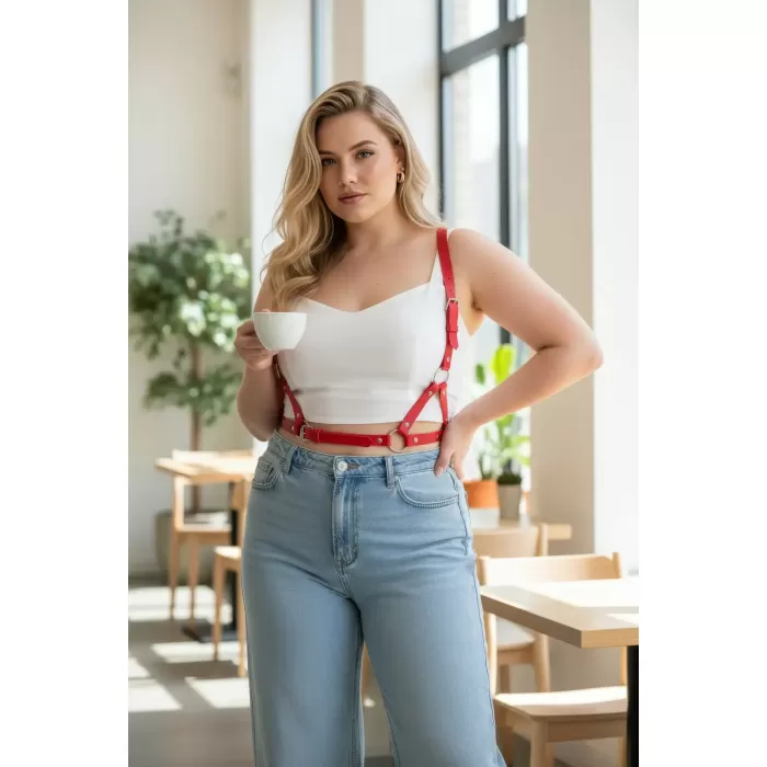 Büyük Beden Kırmızı Kadın Deri Vücut Kemeri Ayarlanabilir Strappy Tasarım - APFT938