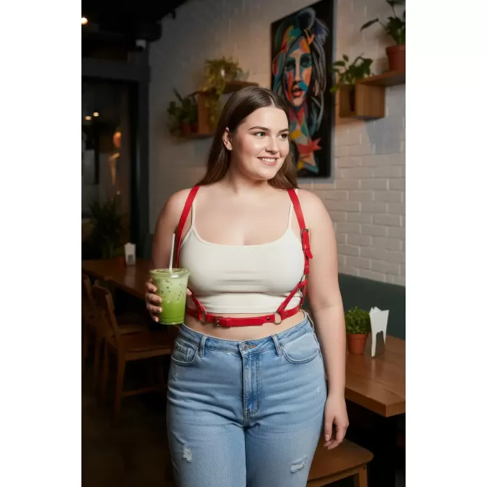 Büyük Beden Kırmızı Kadın Deri Vücut Kemeri Ayarlanabilir Strappy Tasarım - APFT938