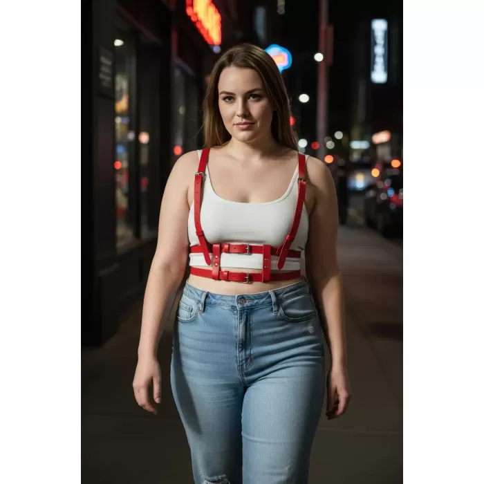 Büyük Beden Kırmızı Kadın Kemer Askılı Deri Harness Vücut Aksesuarı - APFT941