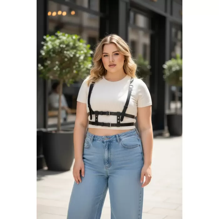 Büyük Beden Siyah Kadın Kemer Deri Harness Görünümlü Ayarlanabilir Vücut Aksesuarı - APFT941