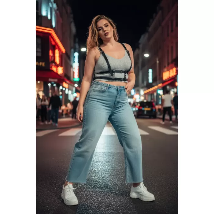 Büyük Beden Siyah Kadın Kemer Deri Harness Görünümlü Ayarlanabilir Vücut Aksesuarı - APFT941