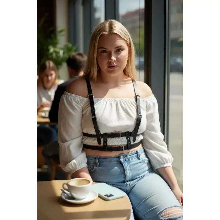 Büyük Beden Siyah Kadın Kemer Deri Harness Görünümlü Ayarlanabilir Vücut Aksesuarı - APFT941