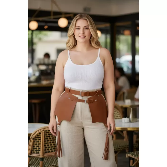 Büyük Beden Taba Kadın Deri Kemer, Korse ve Püskül Detaylı Harness - APFT985