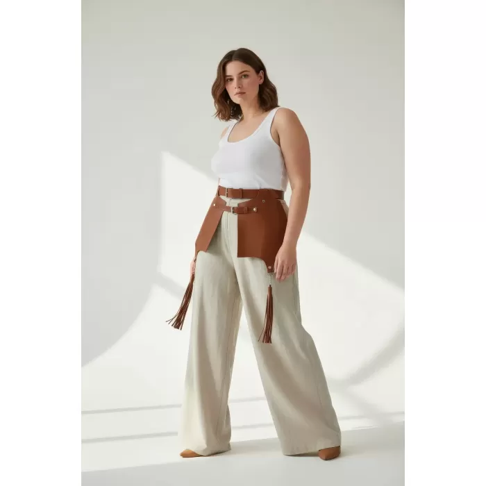 Büyük Beden Taba Kadın Deri Kemer, Korse ve Püskül Detaylı Harness - APFT985