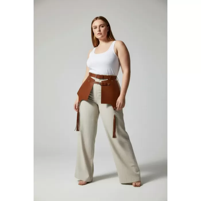 Büyük Beden Taba Kadın Deri Kemer, Korse ve Püskül Detaylı Harness - APFT985