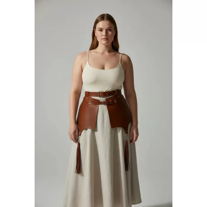 Büyük Beden Taba Kadın Deri Kemer, Korse ve Püskül Detaylı Harness - APFT985