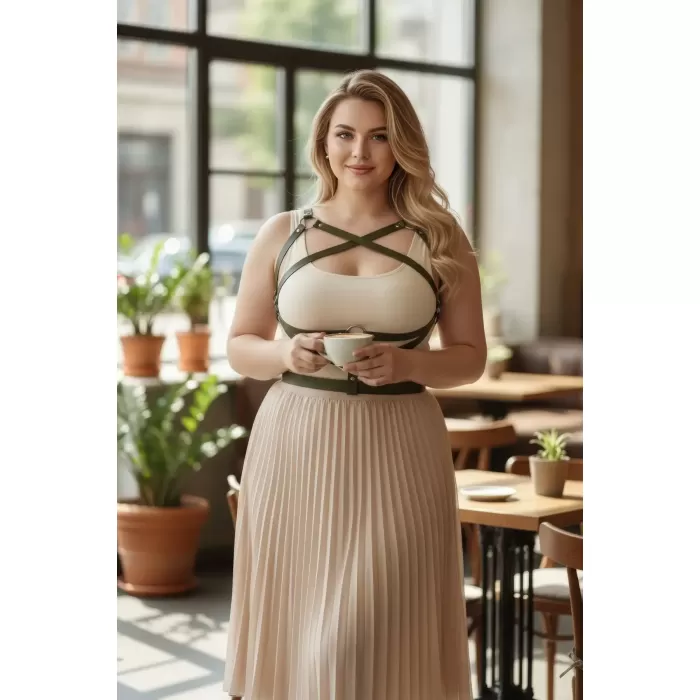 Büyük Beden Haki Kadın Kemer Elbise Üstü Deri Vücut Aksesuarı - APFT991