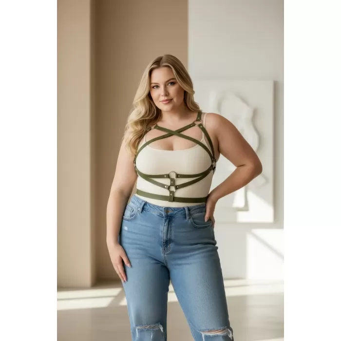 Büyük Beden Haki Kadın Kemer Elbise Üstü Deri Vücut Aksesuarı - APFT991