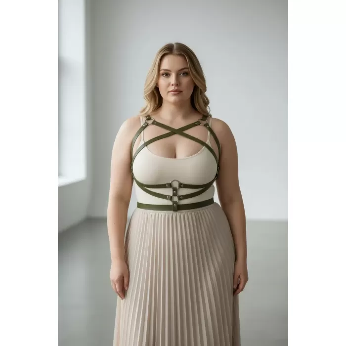 Büyük Beden Haki Kadın Kemer Elbise Üstü Deri Vücut Aksesuarı - APFT991