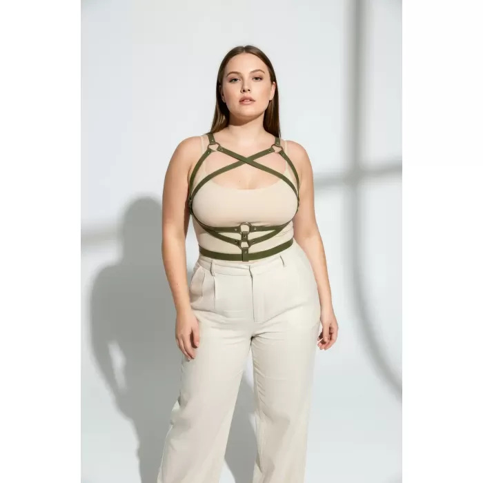 Büyük Beden Haki Kadın Kemer Elbise Üstü Deri Vücut Aksesuarı - APFT991