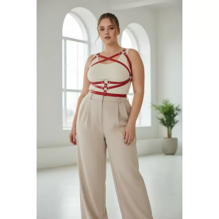 Büyük Beden Kırmızı Kadın Kemer Deri Vücut Aksesuarı Korse Detaylı - APFT991