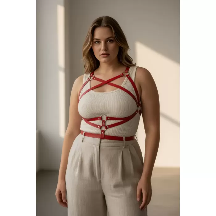 Büyük Beden Kırmızı Kadın Kemer Deri Vücut Aksesuarı Korse Detaylı - APFT991