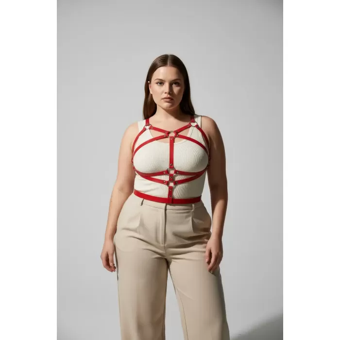 Büyük Beden Kırmızı Kadın Kemer Deri Vücut Aksesuarı Korse Detaylı - APFT991