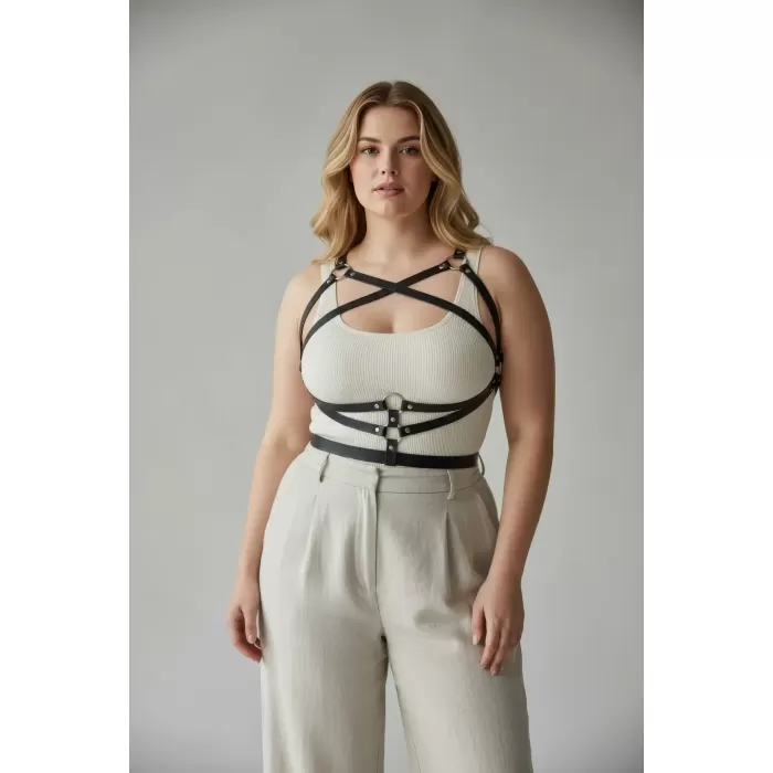 Büyük Beden Siyah Kadın Kemer Harness Tarzı Deri Vücut Aksesuarı - APFT991