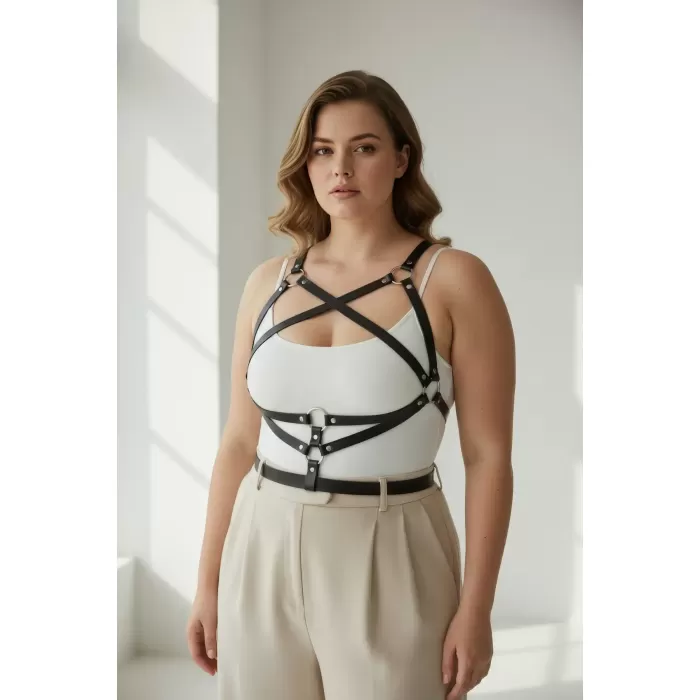 Büyük Beden Siyah Kadın Kemer Harness Tarzı Deri Vücut Aksesuarı - APFT991