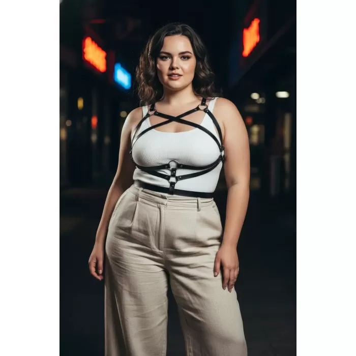 Büyük Beden Siyah Kadın Kemer Harness Tarzı Deri Vücut Aksesuarı - APFT991