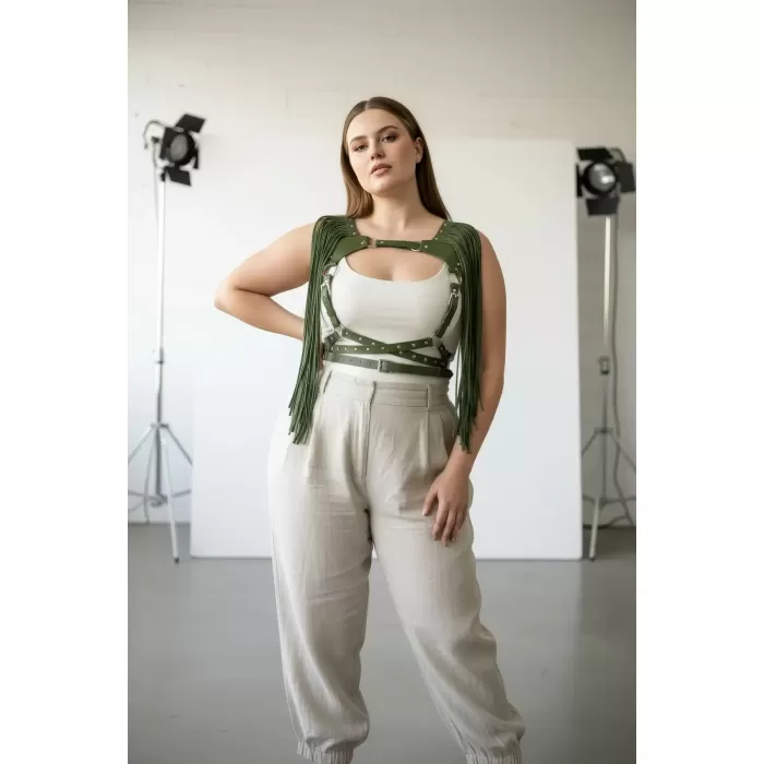 Büyük Beden Haki Kadın Deri Kemer Püsküllü Vücut Aksesuarı - APFT999