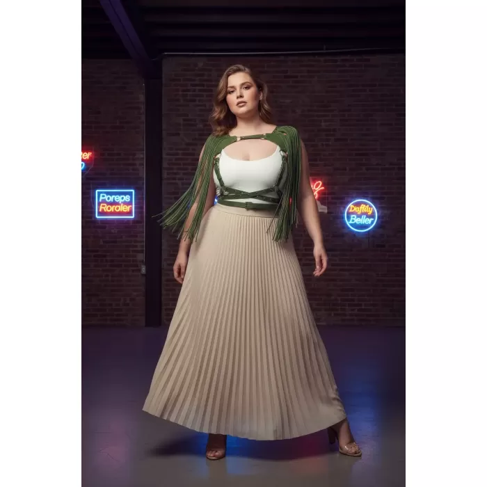 Büyük Beden Haki Kadın Deri Kemer Püsküllü Vücut Aksesuarı - APFT999